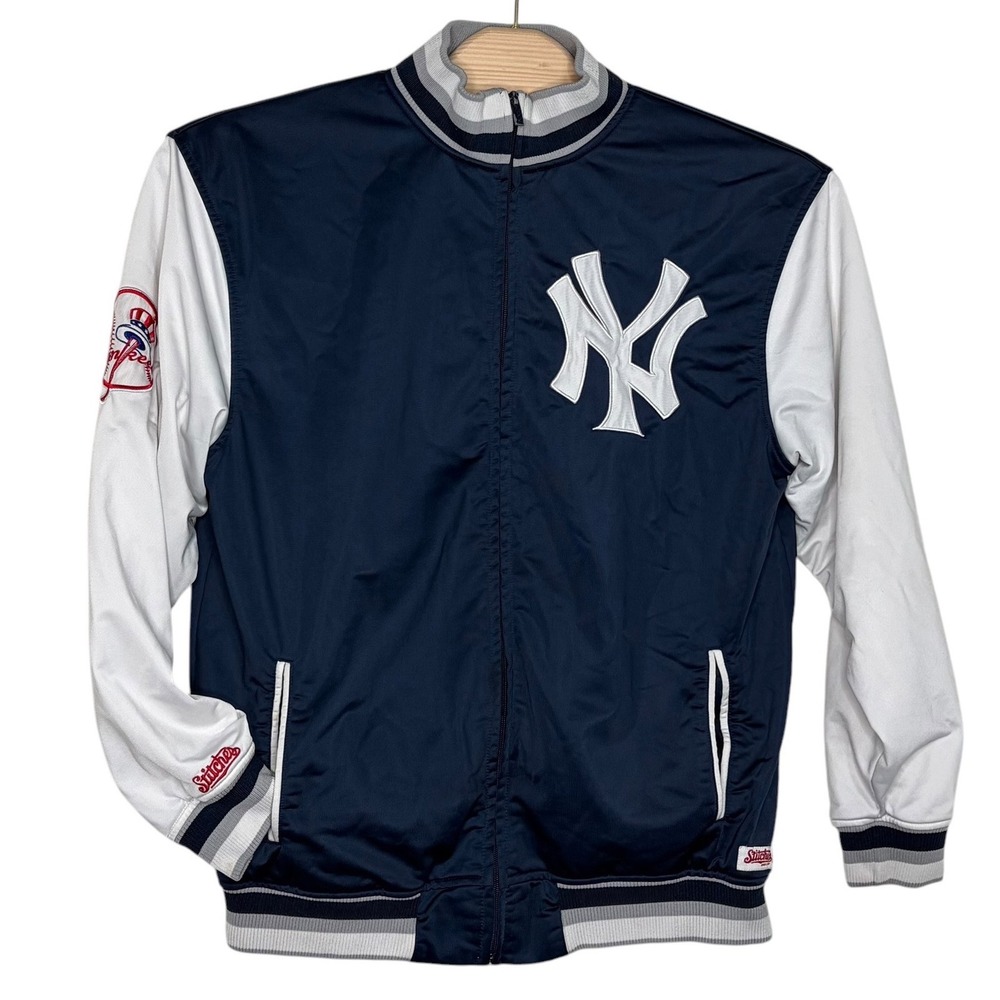 Stitches New York Yankees Jacket Sz L Navy Blue White MLB Full Zip Track Varsity